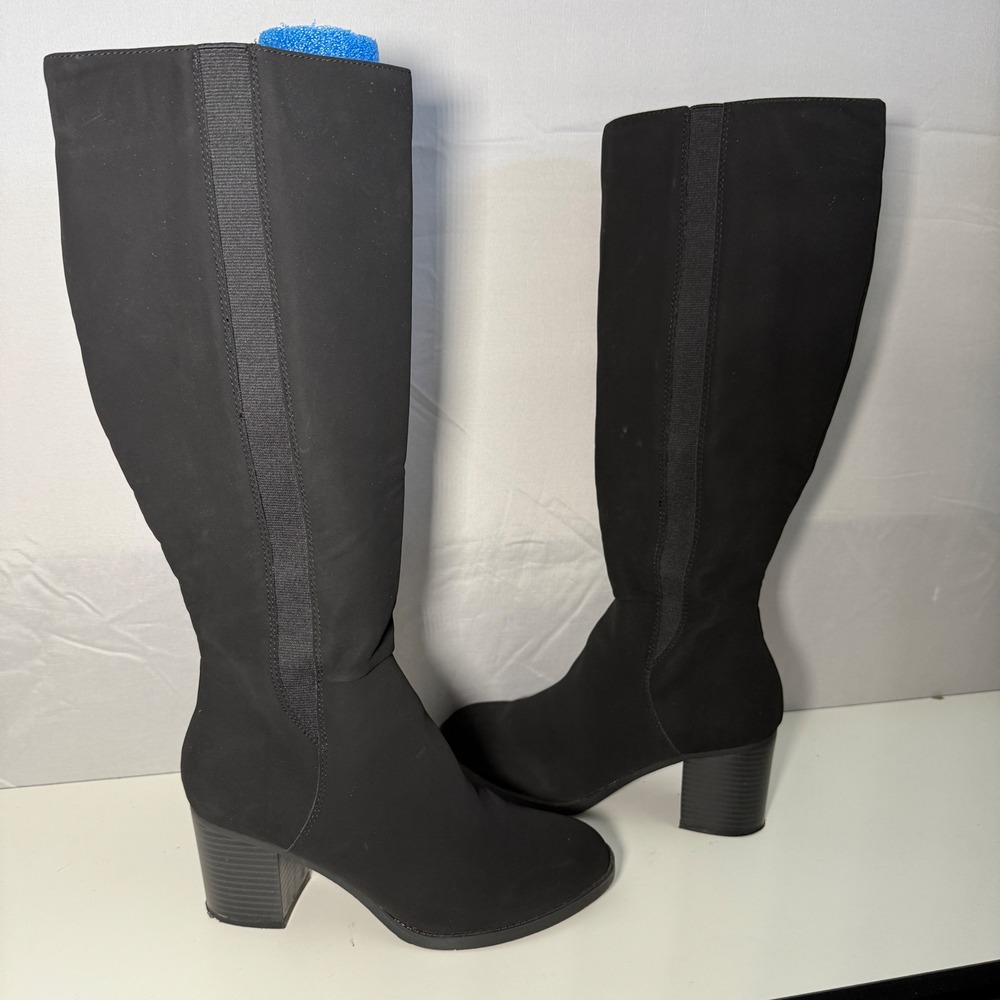 me Too Hampton Black Faux Suede Knee High Boots Women's 8M Block Heel Zipper